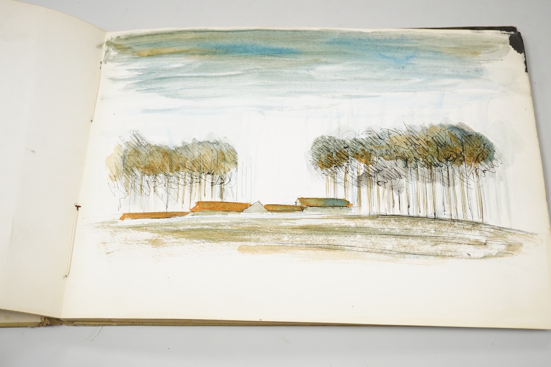 James Knight, a 20th century architect's sketch book to include a panoramic view of Dover and various other landscapes and figural studies, ink and watercolours, 18 x 25cm